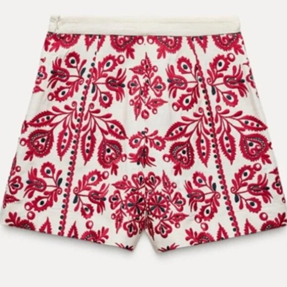 Zara High Waisted Linen Embroidered Shorts - M - Cream, Red & Black - Picture 1 of 7